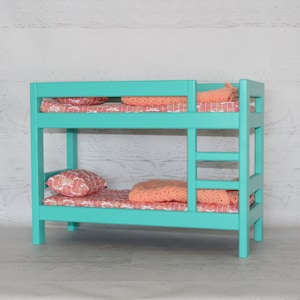 Wood doll furniture teal bunkbed with bedding, mattress, pillows, & blankets, birthday or Christmas gift image 2