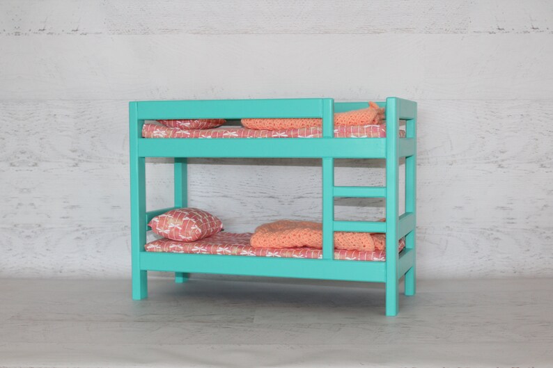 Wood doll furniture teal bunkbed with bedding, mattress, pillows, & blankets, birthday or Christmas gift image 2