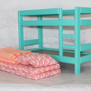 Wood doll furniture teal bunkbed with bedding, mattress, pillows, & blankets, birthday or Christmas gift image 10