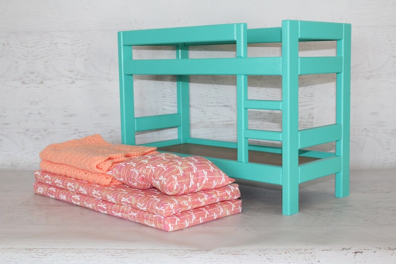 Wood doll furniture teal bunkbed with bedding, mattress, pillows, & blankets, birthday or Christmas gift image 10