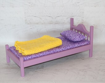 Handmade wood Lavender 18” doll bed with mattress, pillow and blanket, wood doll furniture