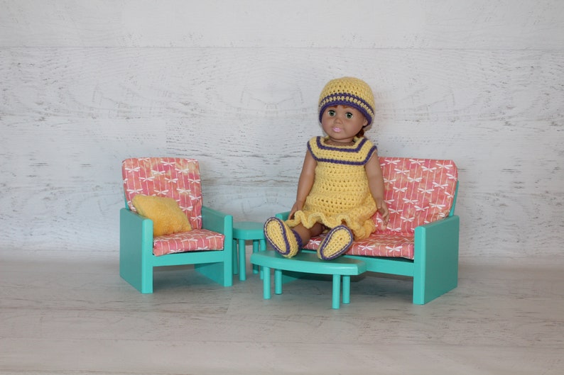 Handmade wood Teal green 18 doll living room, couch, chair, coffee table, end table, doll furniture, birthday gift, Christmas gift image 9