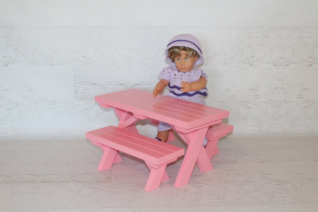 Pink Handmade Wood Furniture, Doll Picnic Table With 2 Benches Etsy