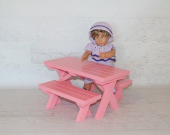 Pink handmade Wood furniture, doll picnic table with 2 benches