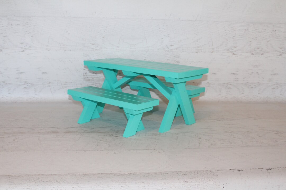 Teal Green Handmade Wood Furniture, Doll Picnic Table With 2 Benches Etsy