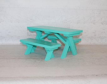 Teal green handmade Wood furniture, doll picnic table with 2 benches