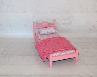 Handmade wood Pink 18” doll bed with mattress, pillow and blanket, wood doll furniture, birthday gift, Christmas gift