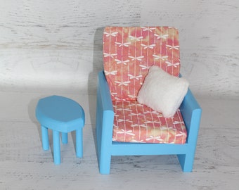 Wood doll furniture, blue chair and table with cushions and pillow