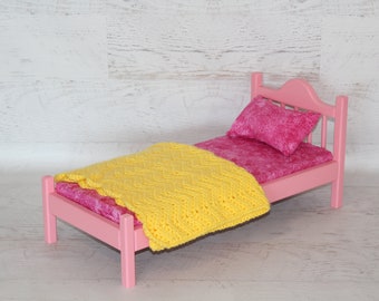 Handmade wood Pink 18” doll bed with mattress, pillow and blanket, wood doll furniture, birthday gift, Christmas gift