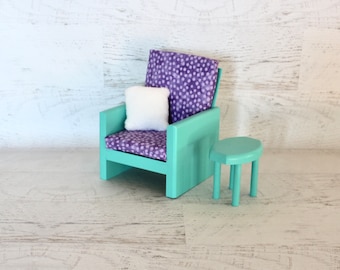 Handmade wood doll furniture, teal green chair and table with cushions and pillow for 18” dolls