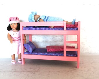 Wood furniture pink doll bunkbed with bedding, mattress, pillows, blankets