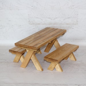 Wood furniture doll picnic table with 2 benches image 1