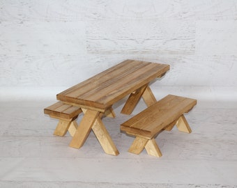 Wood furniture doll picnic table with 2 benches