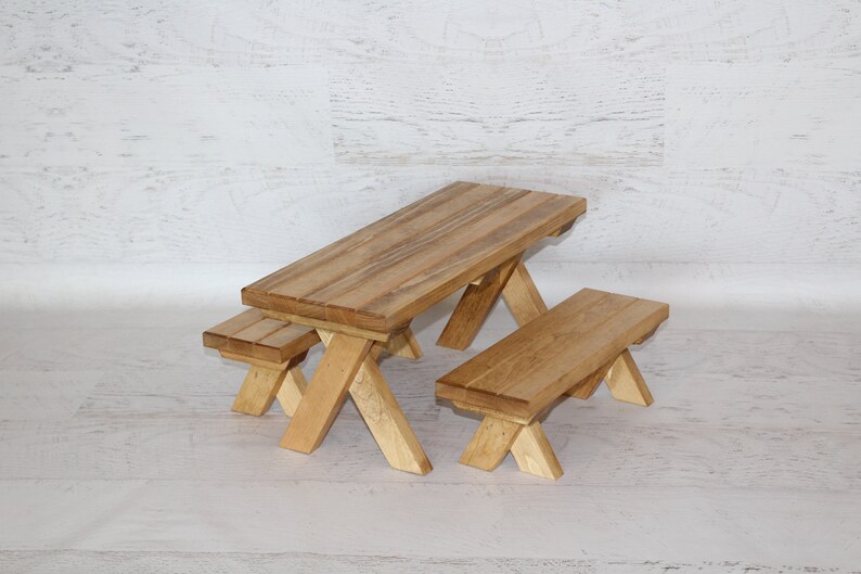 Wood furniture doll picnic table with 2 benches image 1