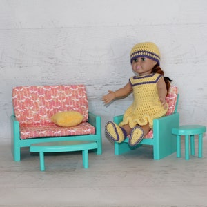 Handmade wood Teal green 18 doll living room, couch, chair, coffee table, end table, doll furniture, birthday gift, Christmas gift image 2