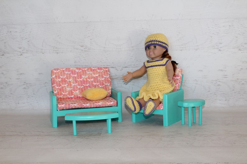 Handmade wood Teal green 18 doll living room, couch, chair, coffee table, end table, doll furniture, birthday gift, Christmas gift image 2