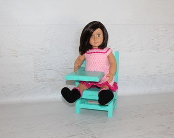 Wood furniture doll school desk, solid wood desk for 18”-20” dolls, collectible, chair, teal green color