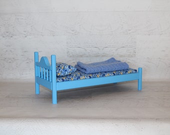 Handmade wood blue 18” doll bed with mattress, pillow and blanket, wood doll furniture, birthday or Christmas gift