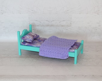 Handmade wood teal green 18” doll bed with mattress, pillow and blanket, wood doll furniture, birthday or Christmas gift