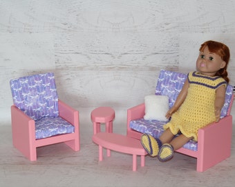 Pink 18” doll living room, couch, chair, coffee table, end table, handmade wood furniture