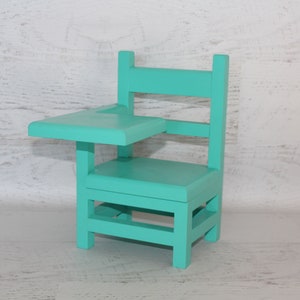 Wood furniture doll school desk, solid wood desk for 1820 dolls, collectible, chair, teal green color image 4