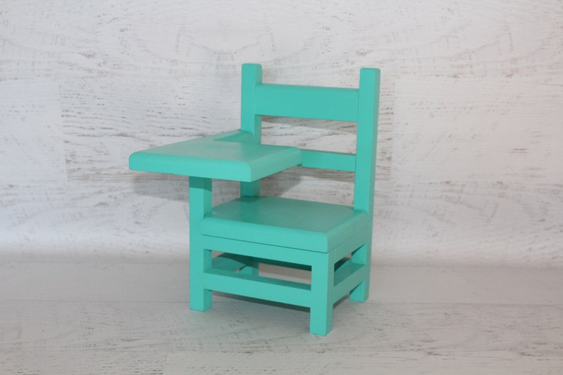 Wood furniture doll school desk, solid wood desk for 1820 dolls, collectible, chair, teal green color image 4