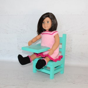 Wood furniture doll school desk, solid wood desk for 1820 dolls, collectible, chair, teal green color image 7