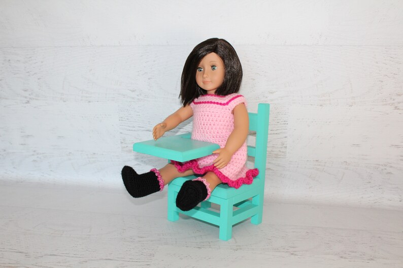 Wood furniture doll school desk, solid wood desk for 1820 dolls, collectible, chair, teal green color image 7