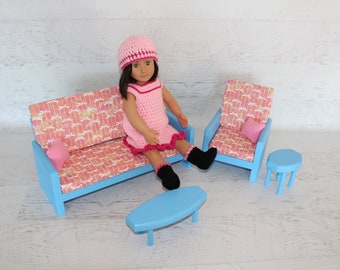 Wood furniture doll blue Living room with couch, chair, tables, pillows