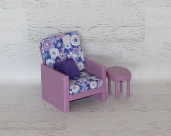 Handmade wood doll furniture, purple chair and table with cushions and pillow for 18” dolls