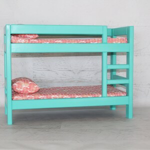 Wood doll furniture teal bunkbed with bedding, mattress, pillows, & blankets, birthday or Christmas gift image 6