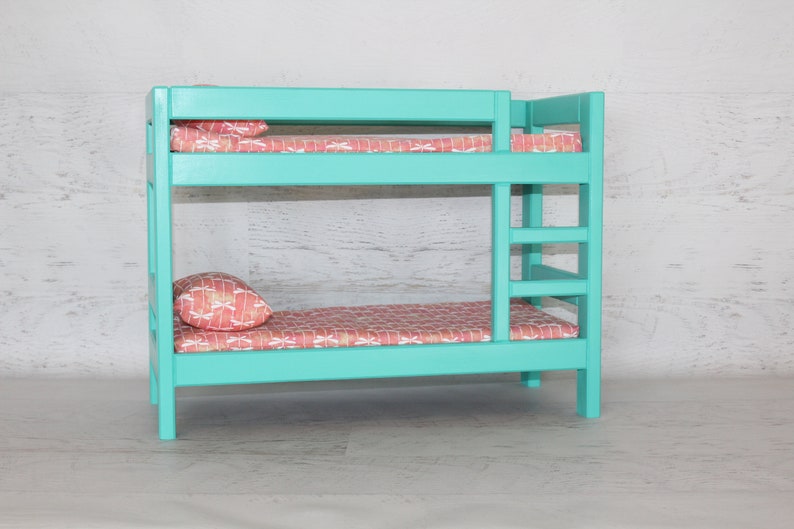 Wood doll furniture teal bunkbed with bedding, mattress, pillows, & blankets, birthday or Christmas gift image 6