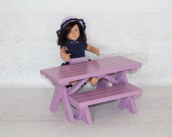 Purple handmade Wood furniture, doll picnic table with 2 benches