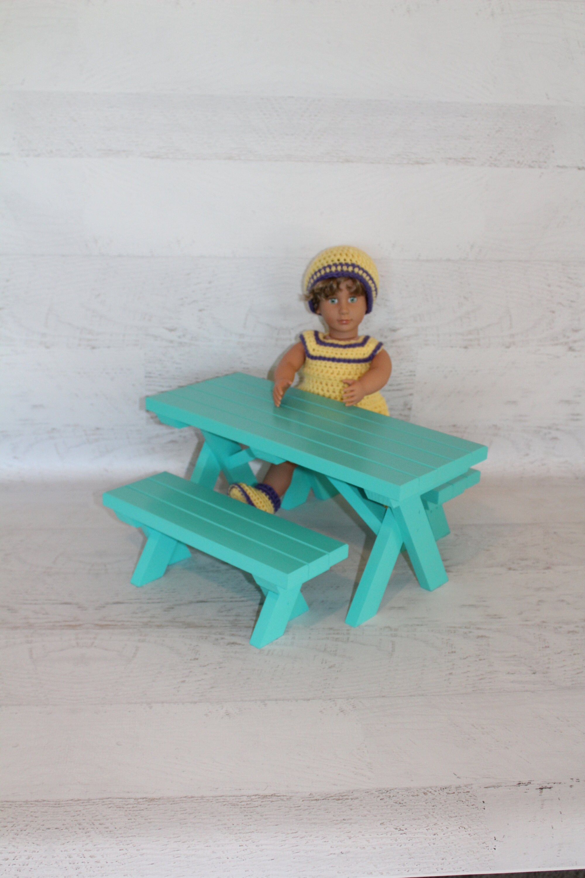 Teal Green Handmade Wood Furniture, Doll Picnic Table With 2 Benches Etsy
