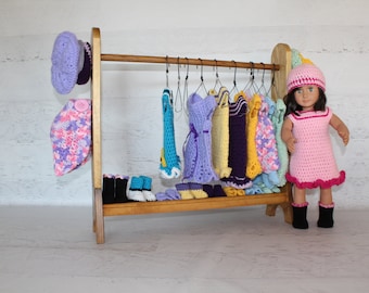 Wood Doll clothes rack with shelf for shoes, hooks for hats, and 10 handmade hangers