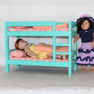 Wood doll furniture teal bunkbed with bedding, mattress, pillows, & blankets, birthday or Christmas gift image 3