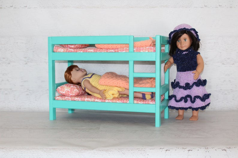 Wood doll furniture teal bunkbed with bedding, mattress, pillows, & blankets, birthday or Christmas gift image 3