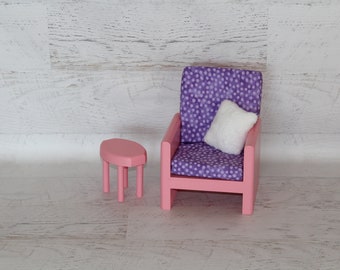 Handmade wood doll furniture, pink chair and table with cushions and pillow for 18” dolls