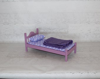 Handmade wood Lavender 18” doll bed with mattress, pillow and blanket, wood doll furniture