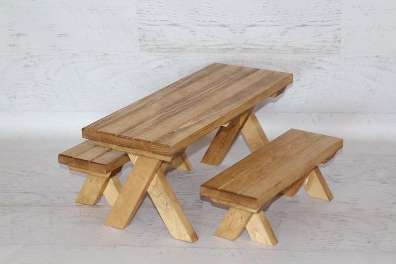 Wood furniture doll picnic table with 2 benches image 3