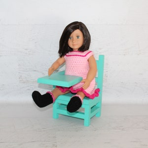 Wood furniture doll school desk, solid wood desk for 1820 dolls, collectible, chair, teal green color image 5