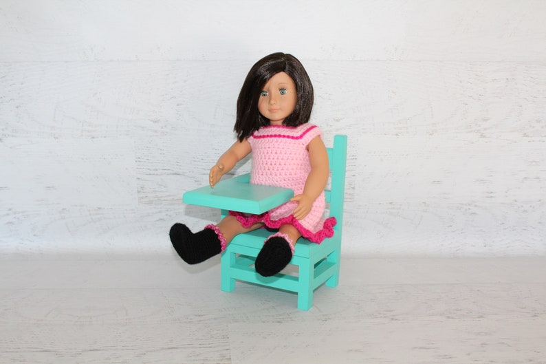 Wood furniture doll school desk, solid wood desk for 1820 dolls, collectible, chair, teal green color image 5