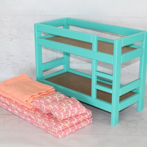 Wood doll furniture teal bunkbed with bedding, mattress, pillows, & blankets, birthday or Christmas gift image 9