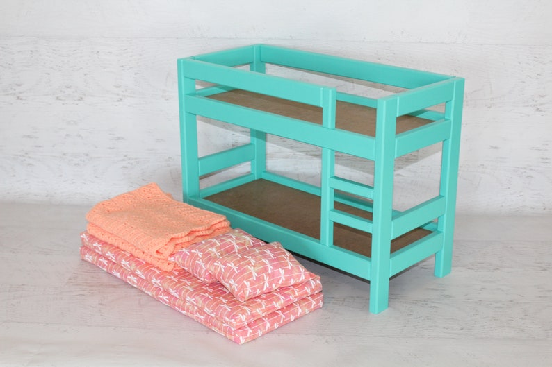 Wood doll furniture teal bunkbed with bedding, mattress, pillows, & blankets, birthday or Christmas gift image 9
