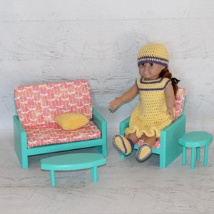 Handmade wood Teal green 18 doll living room, couch, chair, coffee table, end table, doll furniture, birthday gift, Christmas gift image 1