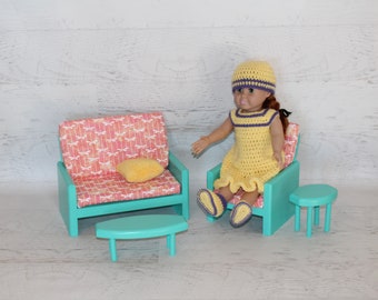 Handmade wood Teal green 18” doll living room, couch, chair, coffee table, end table, doll furniture, birthday gift, Christmas gift