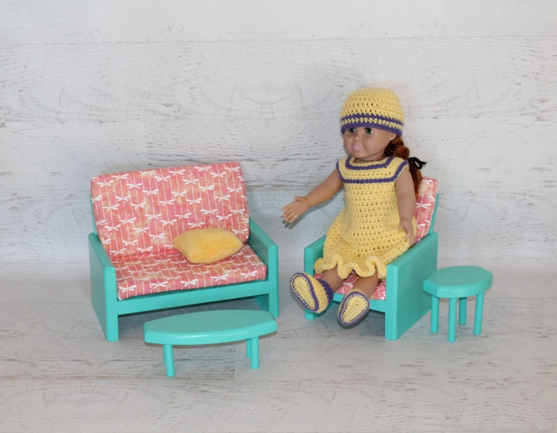 Handmade wood Teal green 18 doll living room, couch, chair, coffee table, end table, doll furniture, birthday gift, Christmas gift image 1