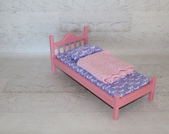 Handmade wood pink 18” doll bed with mattress, pillow and blanket, wood doll furniture, birthday or Christmas gift