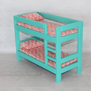 Wood doll furniture teal bunkbed with bedding, mattress, pillows, & blankets, birthday or Christmas gift image 8