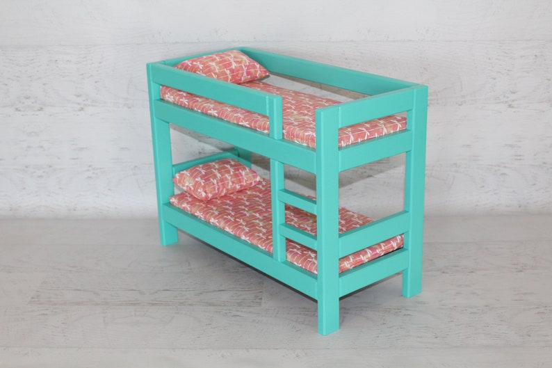 Wood doll furniture teal bunkbed with bedding, mattress, pillows, & blankets, birthday or Christmas gift image 8